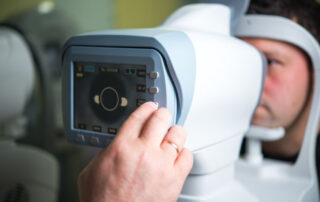 The ophthalmologist conducts the research with the help of various equipment, a contactless tonometer, for the diagnosis of eye disease